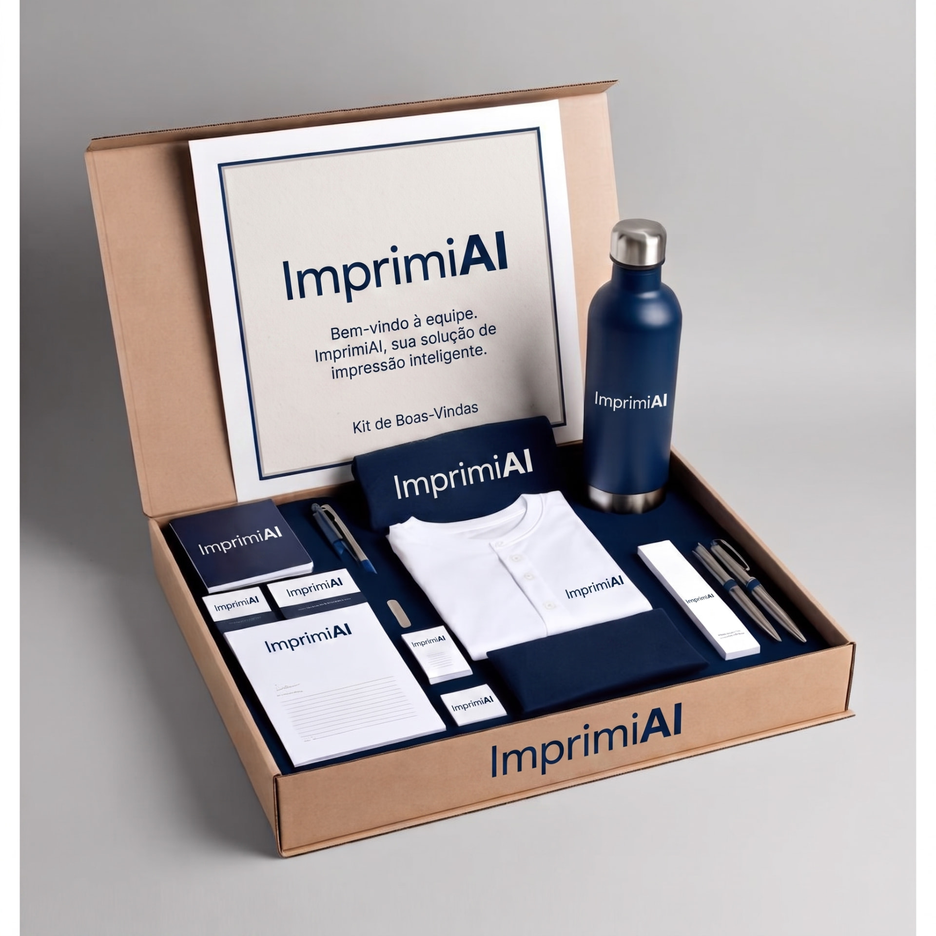 Kit de boas-vindas corporativo com embalagem personalizada aberto sobre a mesa