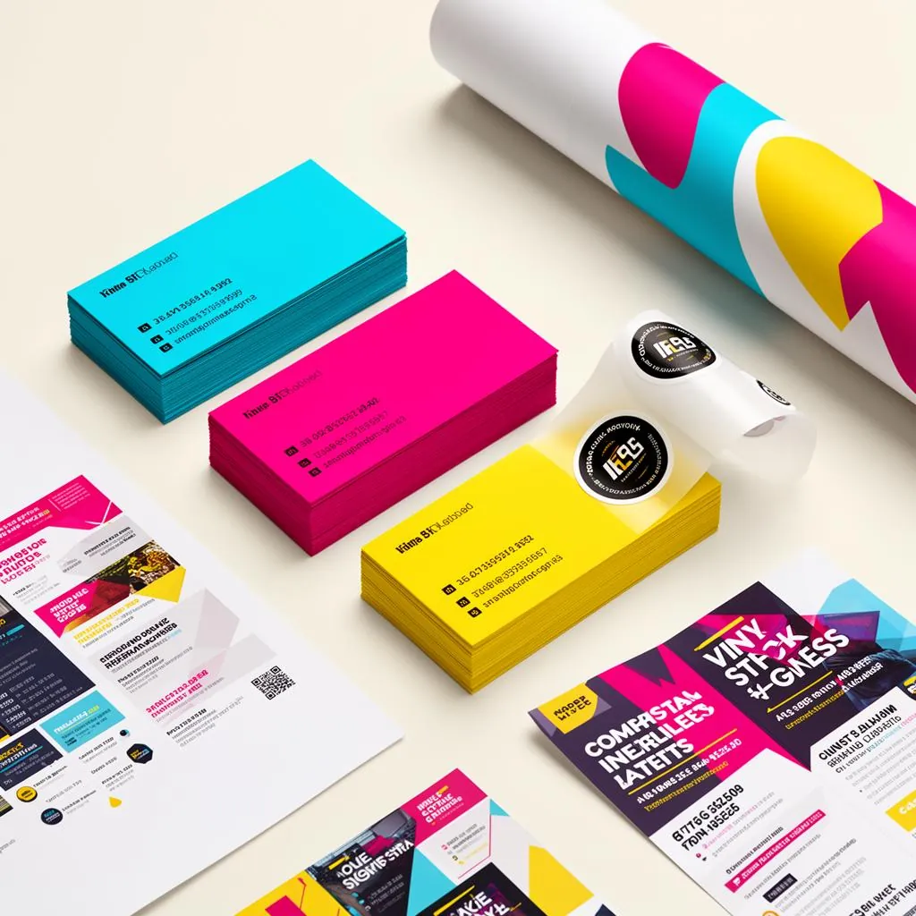 Materiais gráficos impressos: cartões de visita, adesivos e flyers coloridos